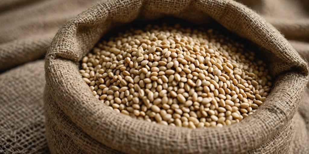 Raw sesame seeds in a burlap sack, close-up view.