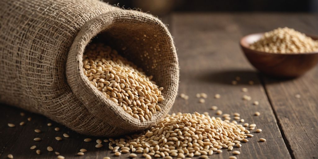 Premium sesame seeds in a burlap sack on table