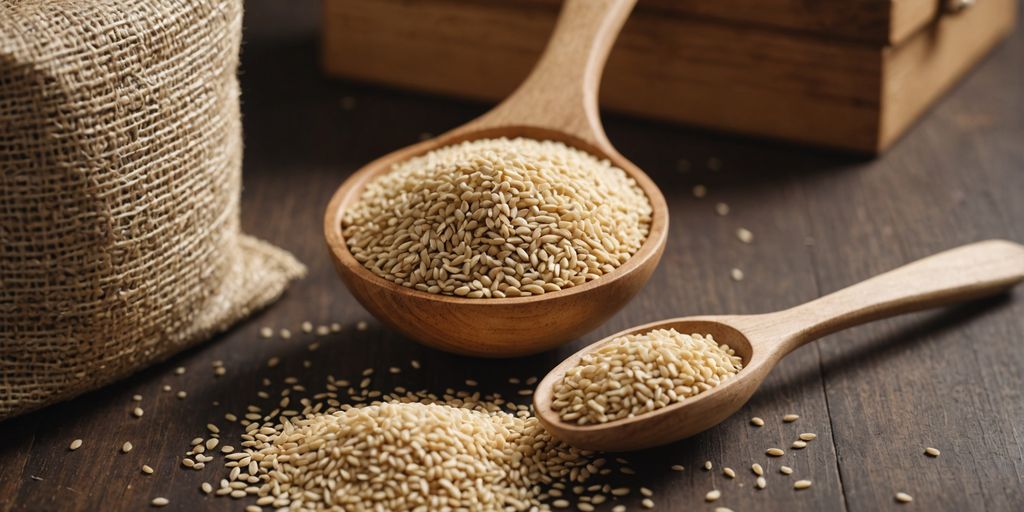 Organic sesame seeds in a bag with a wooden spoon