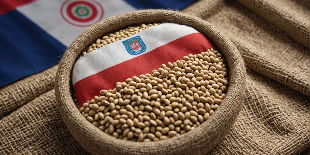 Sesame seeds in sack with Paraguay flag in background