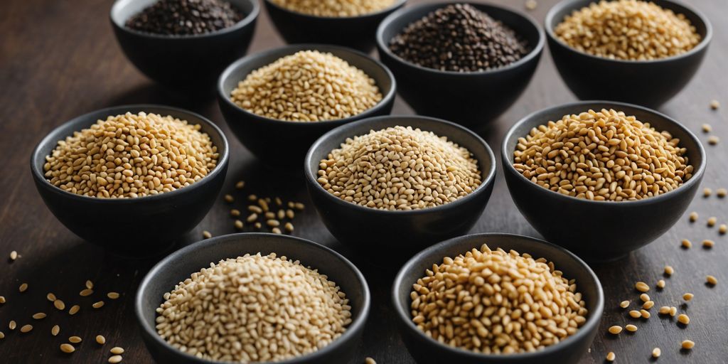 Different types of sesame seeds displayed in bowls.