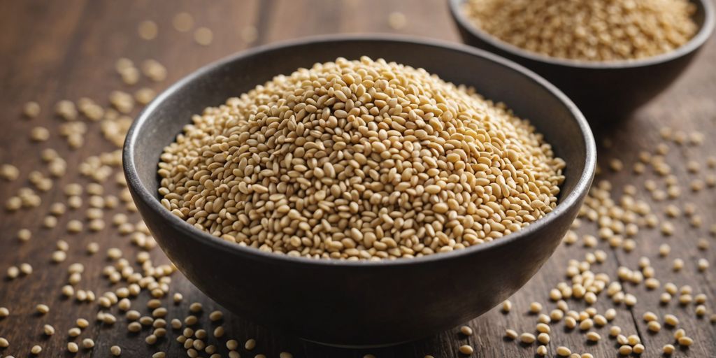 Bulk sesame seeds in a bowl on a wooden table.