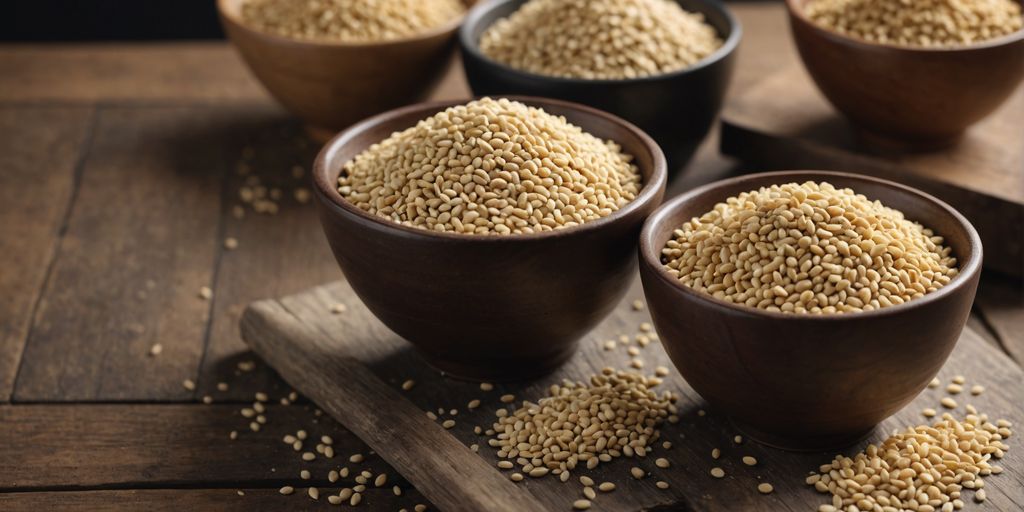 Various sesame seeds in bowls on a wooden table