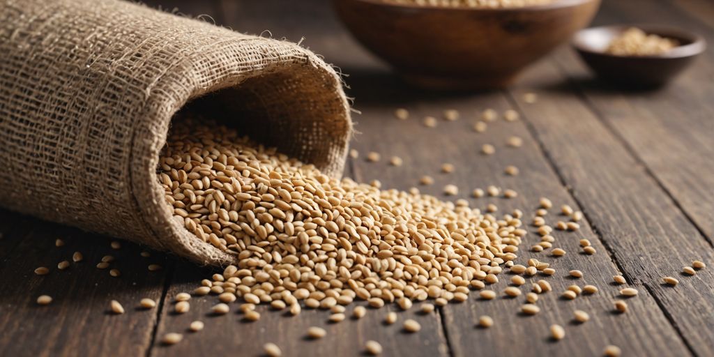 Burlap sack filled with sesame seeds on wooden table