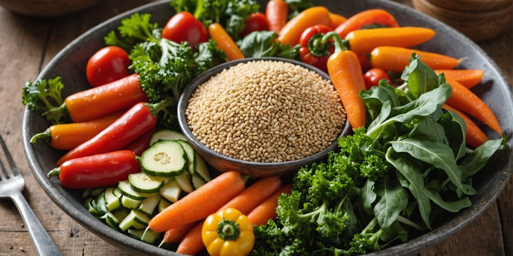 Bowl of organic sesame seeds with fresh vegetables