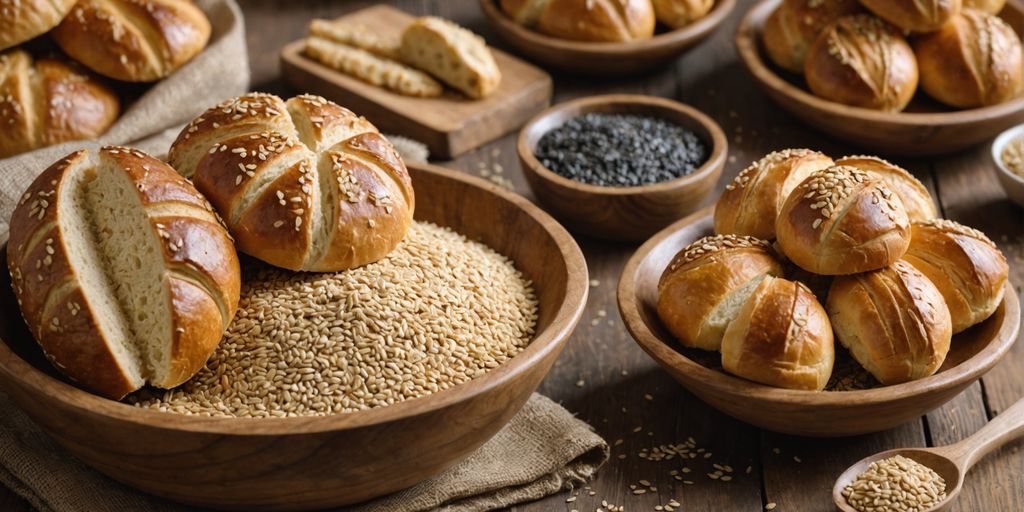 Bowl of sesame seeds with bread and pastries