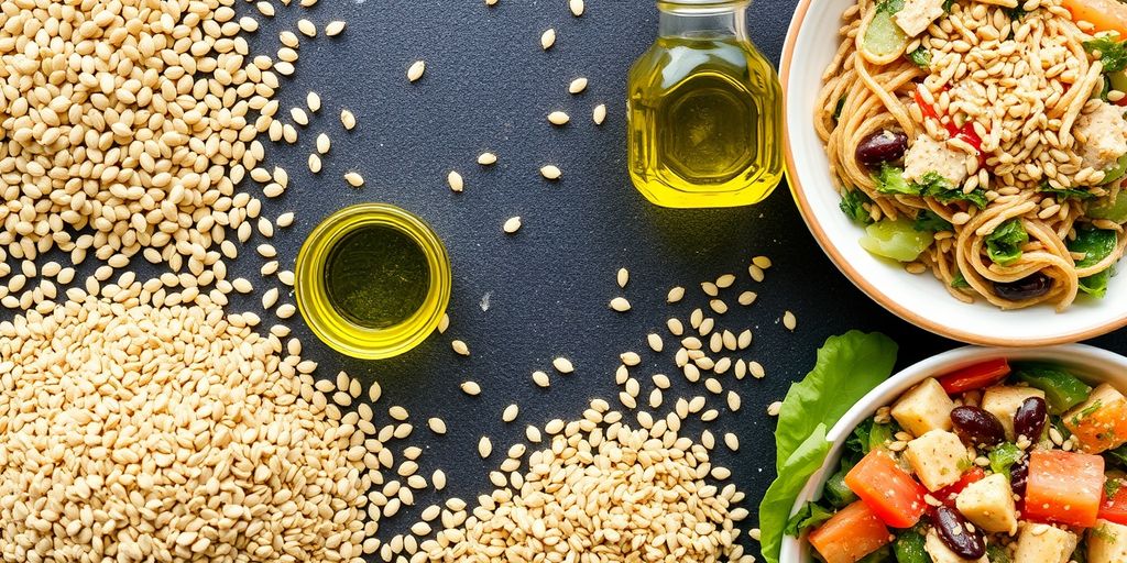 Variety of sesame seeds and products for health food.