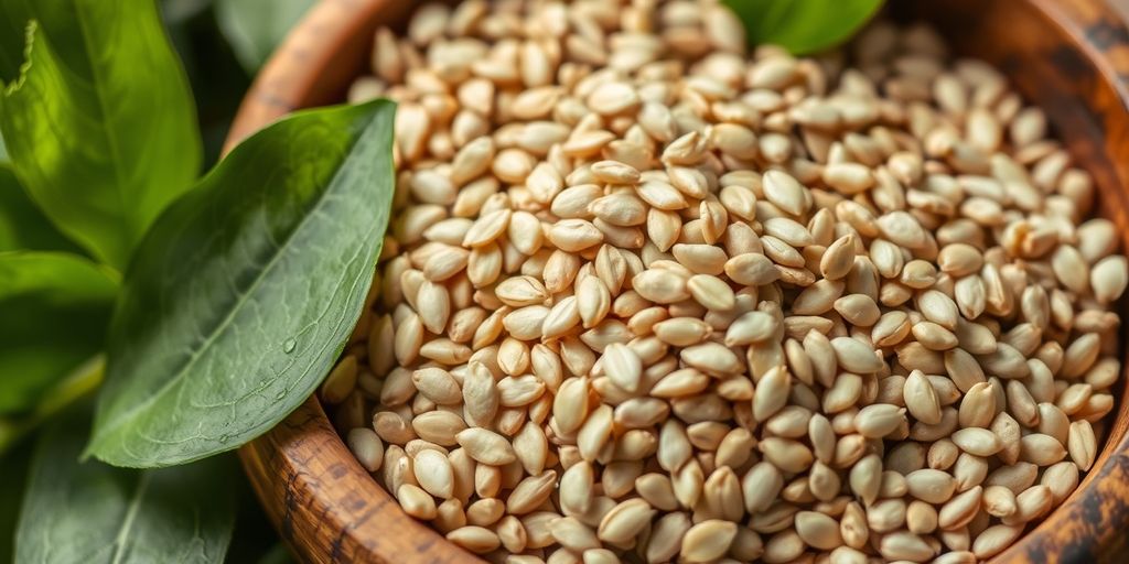Premium sesame seeds in a wooden bowl with leaves.