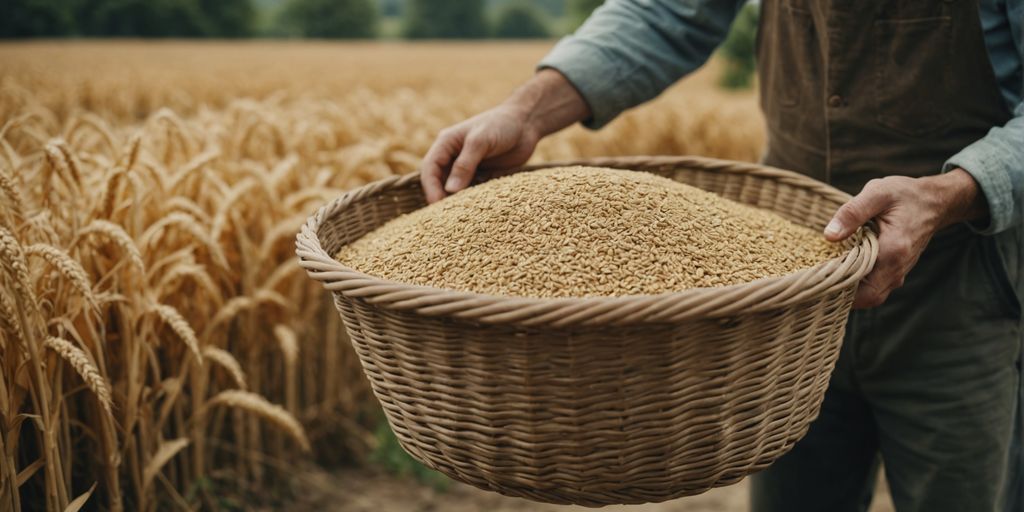 Farmer with basket of organic sesame seeds