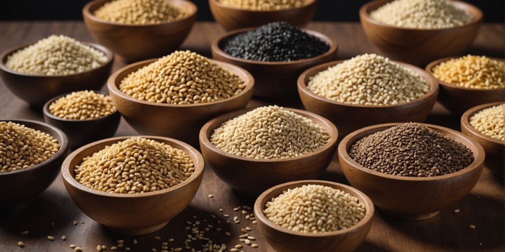 Assorted sesame seeds in wooden bowls on a table.