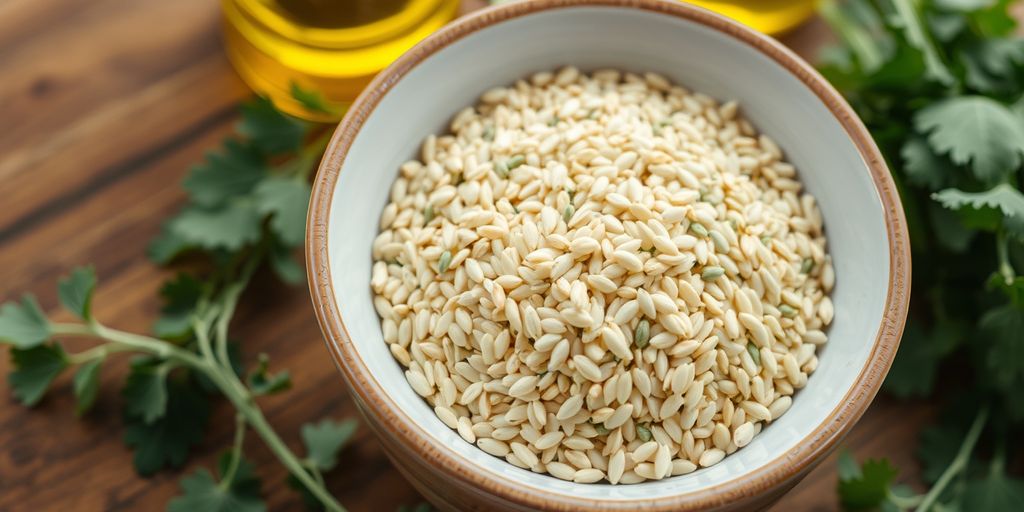 Bowl of sesame seeds with herbs and oil